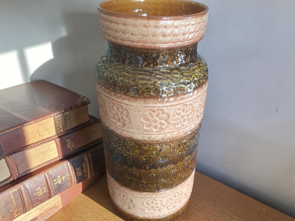 Mid-Century Green & Cream Bay West German Fat Lava Vase