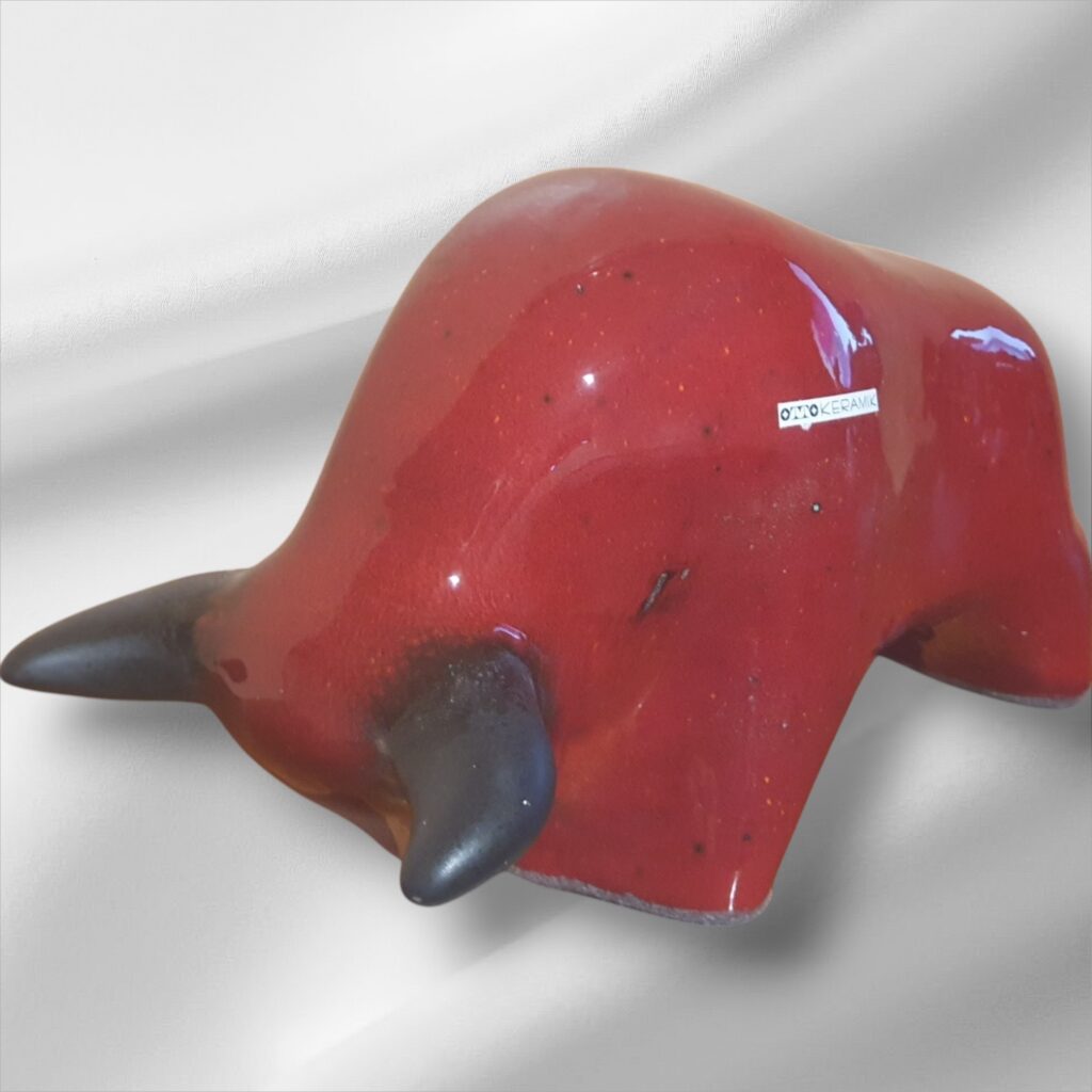 Otto Keramik red and black fat lava ceramic bull, West German art pottery collectible.