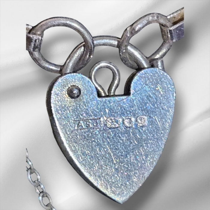 Vintage 1970s Sterling Silver Double 4-Bar Gate Bracelet with 925 Heart Padlock & Safety Chain - Image 3