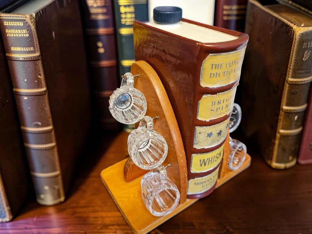 Vintage Ceramic Decanter Book & Glass Set – Whiskey & “Bright Spirit” Labels - Image 2