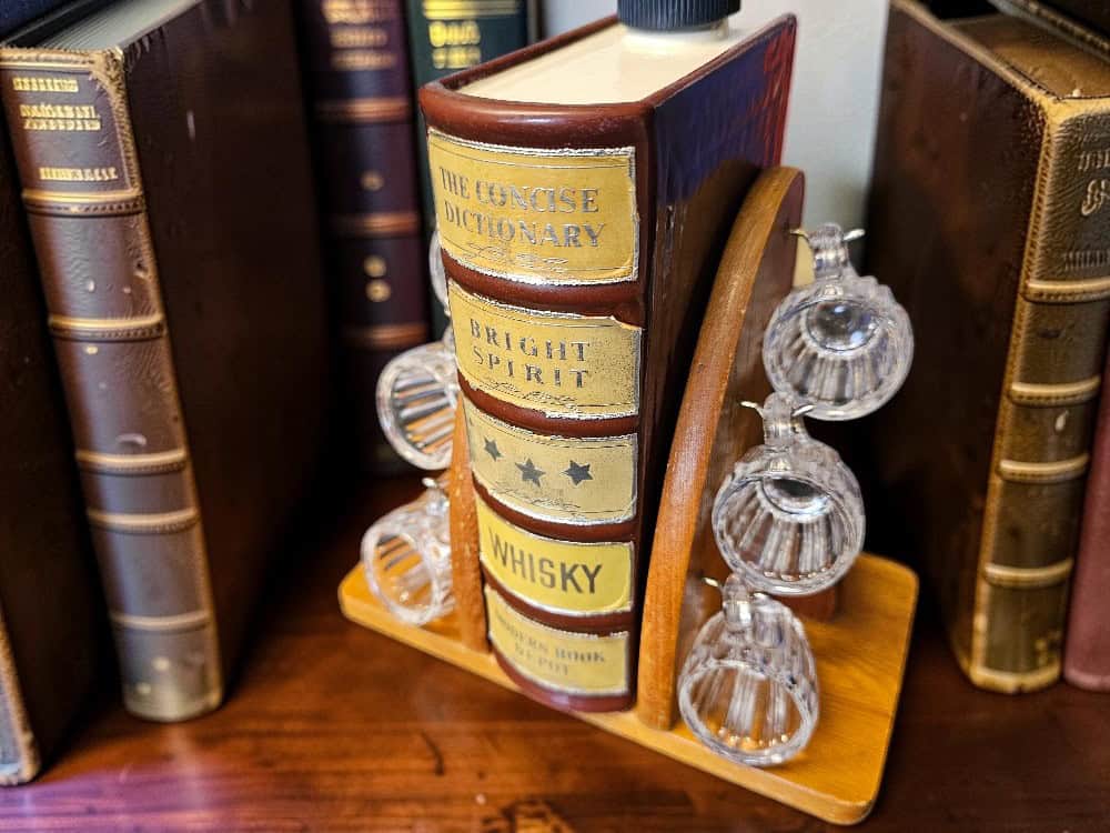 Vintage Ceramic Decanter Book & Glass Set – Whiskey & “Bright Spirit” Labels - Image 3