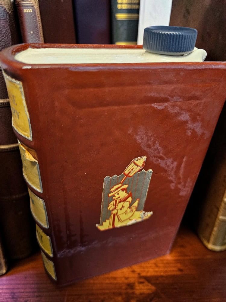 Vintage Ceramic Decanter Book & Glass Set – Whiskey & “Bright Spirit” Labels - Image 6