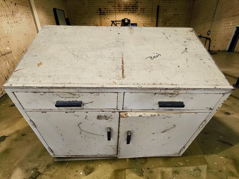 Vintage Industrial Metal Storage Cabinet with Two Drawers – 92cm - Image 2