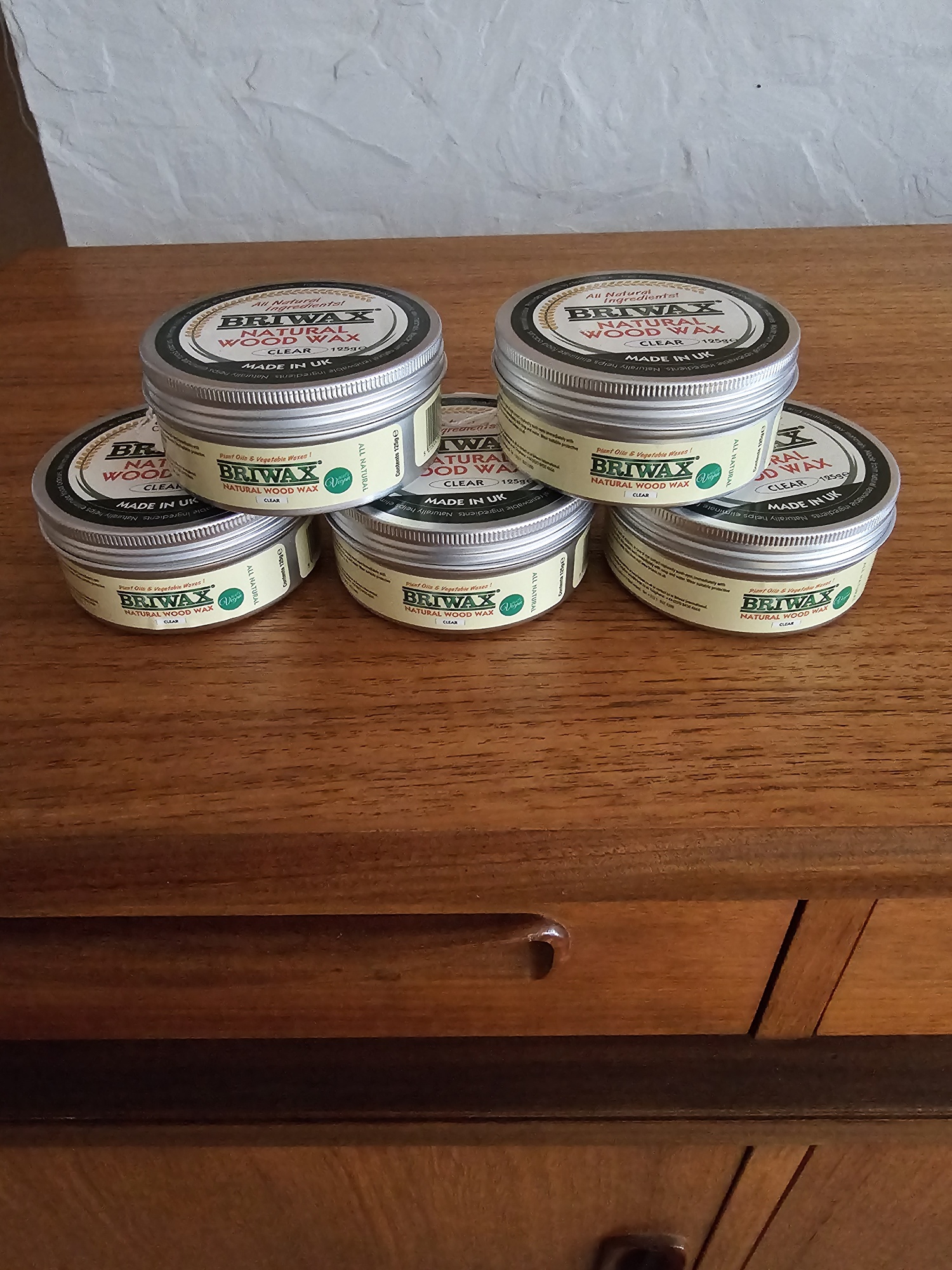 Briwax Natural Wood Wax Clear 125g tin, made in the UK with natural ingredients for furniture restoration and wood care.